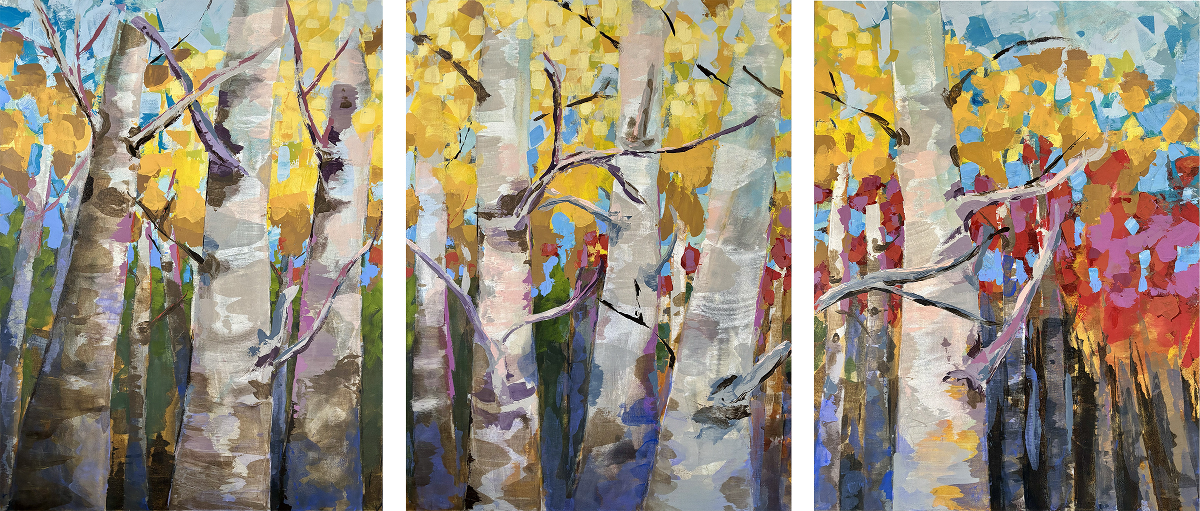 A Tryptich painting of Birch Trees